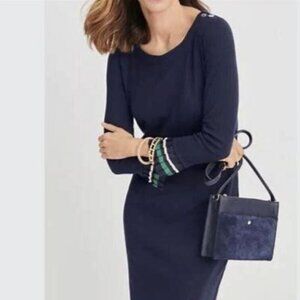 Talbots Navy Cotton Dress Long Slvs White Green Ribbon Trim Gold Buttons Size PS
